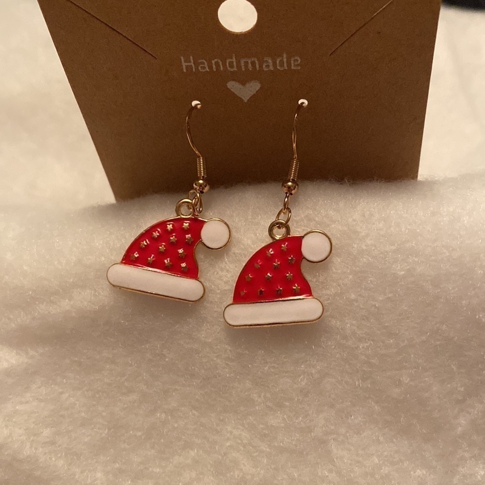 Red Santa Hat White Pom  Pom Christmas Dangle Earrings